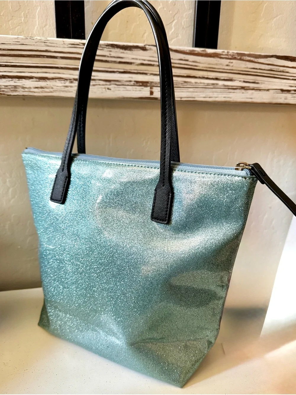 kate spade Glitter Tote in Light Blue with Black Trim